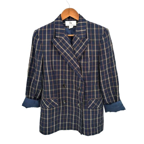 Vintage Danielle Martin Navy Blue & Tan Plaid Linen Blend Double Beasted Blazer - Picture 6 of 6